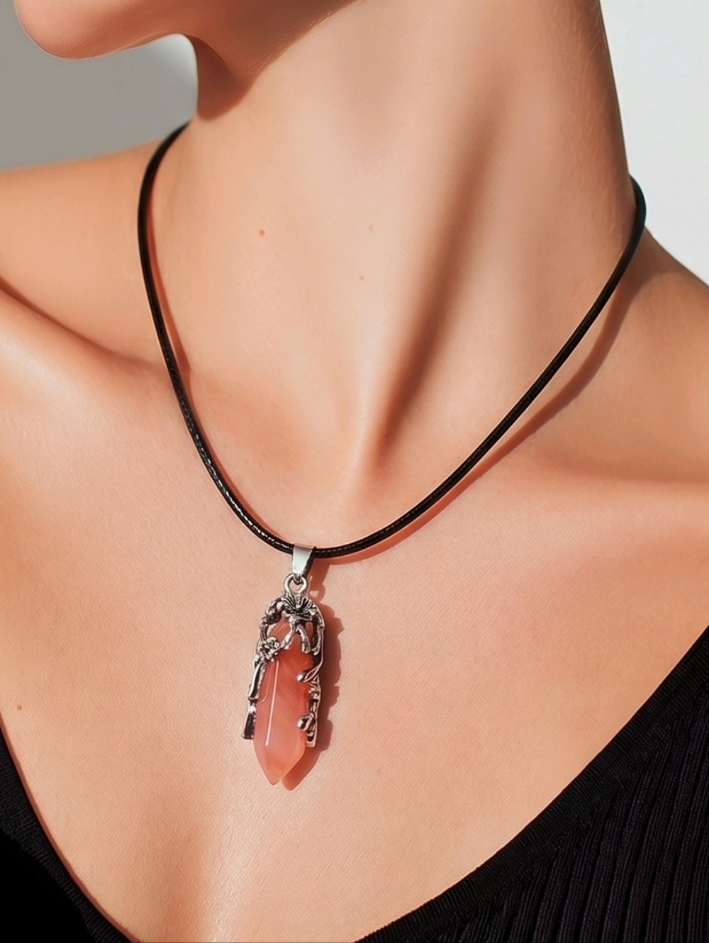 Watermelon Quartz Crystal Necklace Hexagon Point Floral Wrap Soft Pink Energy